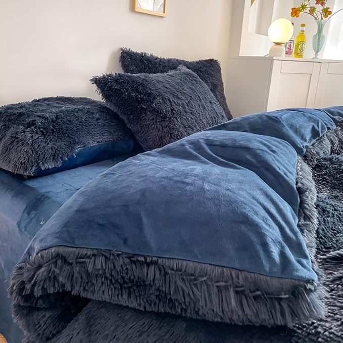 chovy Faux Fur Plush Navy Blue Comforter Sets King - Ultra Soft Shaggy Flannel Velvet Fluffy Fuzzy 3PC Bedding Set (Comforter x 1 Pillowcases x 2)