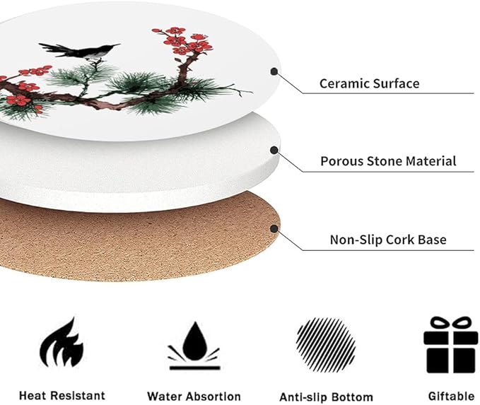 Drink Coasters for Drinks Set of 6, Traditional Oriental Ink Painting Absorbent Round Ceramic Stone Mat Coaster, with Cork Base and Metal Holder, Home Bar Decor House Warming Gift
