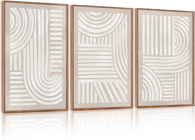 Large Abstract Neutral Geometric Framed Canvas Wall Art,Boho Minimalist Shapes Wall Decor,Modern Lines Artwork,Mid Century Arch Art Print for Living Room,Bedroom,Office- 16"x24"x3