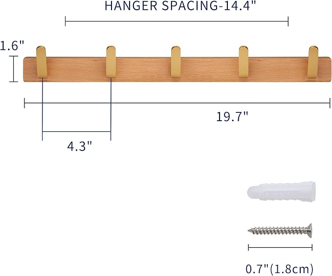 Coat Rack Wall Mounted,Beech Wood Heavy Duty Wall Hooks, Metal Coat Hook Rail with 5 Hooks for Hanging Coats, Backpacks, Dog Leashes, Entryway, Bathroom, Bedroom, Closet Room