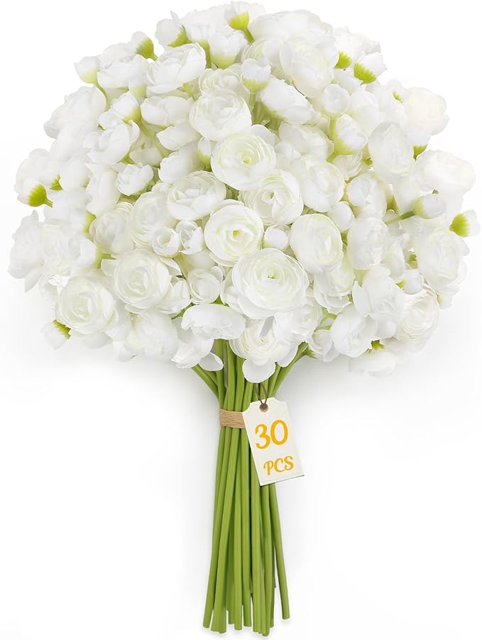 Alupssuc 30Pcs Ranunculus Artificial Flowers Faux Silk Mini Ranunculus, Spring Flowers Artificial Indoor for DIY Bouquets, Bulk Fake Wedding Filler Flowers for Bride Shower Decorations, Ivory White