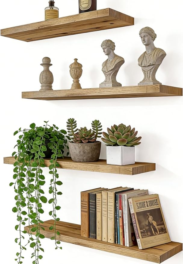 Rustic Wood Floating Shelves for Wall, Wooden Wall Shelves for Bedroom, Wall Mounted Shelves for Living Room, Set of 4 Light Brown 16 Inch