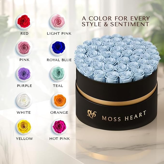 50 Petite Preserved Roses, Designer Round Box, Real Forever Roses Last 1+ Year, Premium Gift for Women, Wife, Girlfriend, Mother’s Day, Birthday, Anniversary, Valentine’s Day