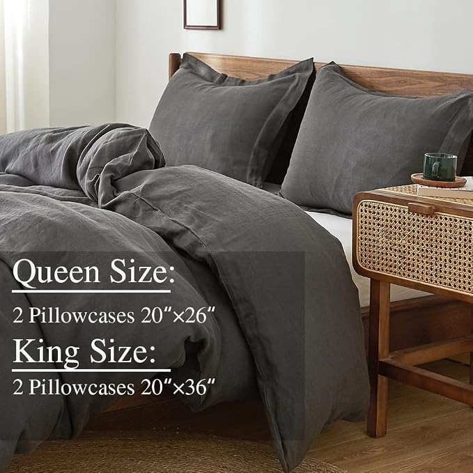 Simple&Opulence 100% Linen Pillow Case King Size Set of 2, Dark Grey Pillow Covers with Overlap Closure, Luxury Breathable Pillowcases Protectors Suitable for All-Season (20" X 36", Dark Grey)