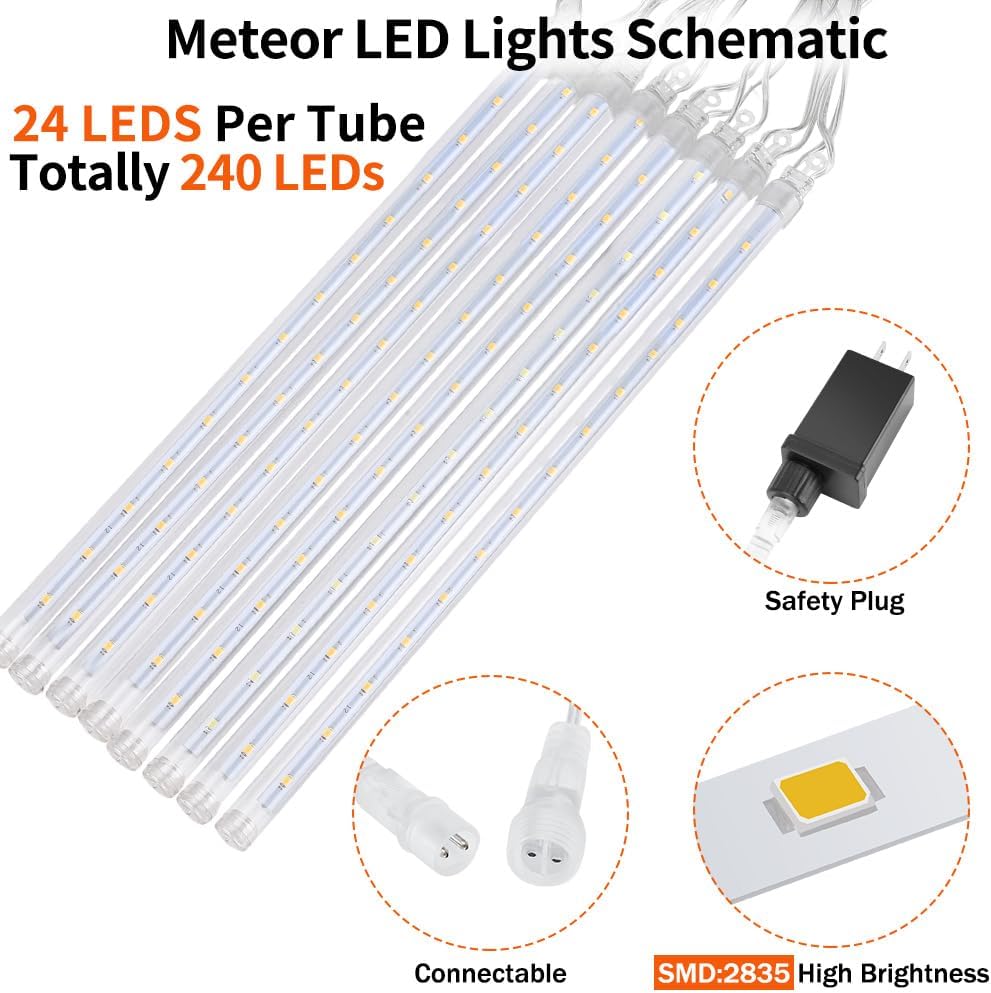 【4 Pack】 Christmas Lights Meteor Shower Rain Lights 12inch, Totally 40 Tube 960 LEDs Icicle Light Outdoor Raindrop Light for Xmas Halloween Wedding Party Tree Holiday Decoration, Blue