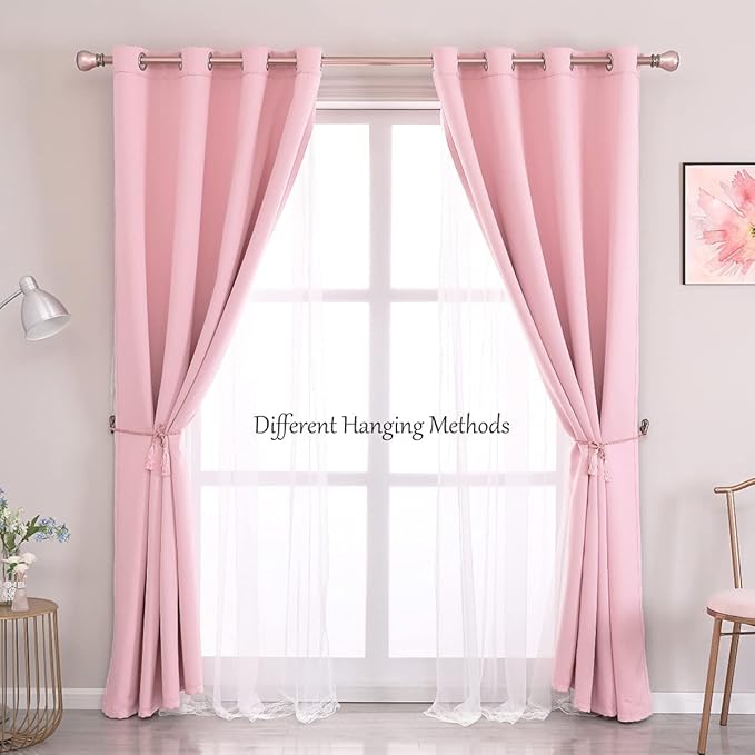 Pink Double Layer Curtains 90 Inch Length- Baby Pink Blackout Curtains with White Sheer Voile for Bedroom, Living Room and Nursery, Girl's Blocking Curtains, 52 x 90 inch