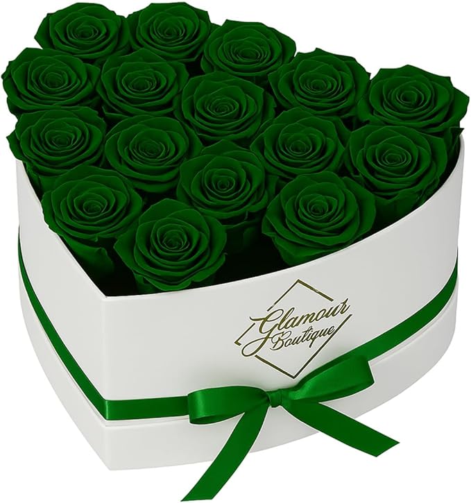 GLAMOUR BOUTIQUE Preserved Roses in a Box - Gifts for Her, Wife & Mom, Rose Flowers Forever Decor for Birthday Gift, Get Well Flower Bouquet Cased in White Box with Cover - Green - 16 (Color-Treated)