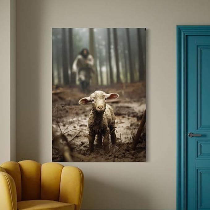 GUN SUPPLIES OUTLET LLC Christian Wall Art Jesus Chasing Lost Lamb Canvas Print Inspirational Wall Decor 16x20 Inch Home Decor