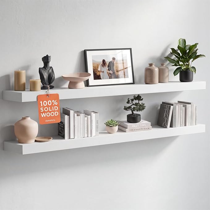 Homeforia White Floating Shelf 48 inches, High End Solid Real Wood 48inch Long Floating Shelves for Wall Mounted, White Wooden 48in Floating Shelves, Heavy Duty Bracket, 48 X 6.5 X 1.75 inch, Set of 3