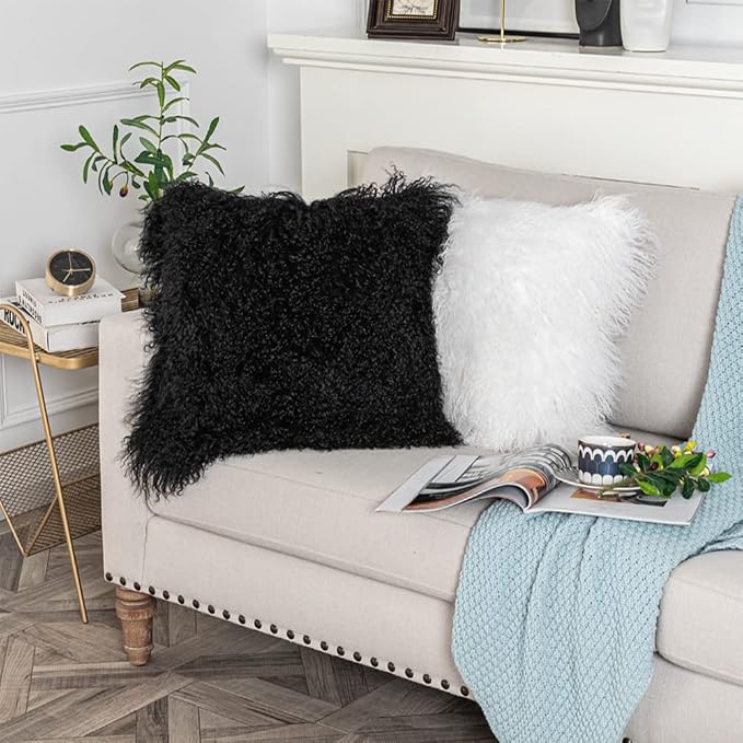 Mongolian Lamb Fur Throw Pillow Cover (16'' x 16'', Black), Real Sheep Fur Decorative Cushion Cover Case Home Decorative Square Throw Pillow Cover Plain Wool Pillow Protector