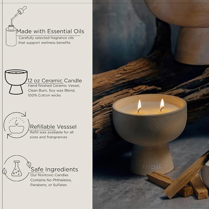 Blueme Spiritual Candle | Palo Santo & Vetiver | 2 Wick - Refillable Wellness Candle with Essential Oils, Hand Finished & Poured Soy Wax Blend Ceramic Vessel, Natural Cotton Wicks | Medium 12 oz