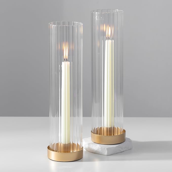 Hewory Hurricane Glass Candle Holders: Set of 2 Gold Candlestick Holders with 11" Tall Clear Cylinder Hurricane Cover, Taper Candle Holder for Wedding Table Centerpiece Party Christmas Home Decor
