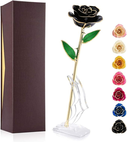 24K Gold Plated Black Rose, Forever Preserved Real Rose Lover Mom Wife Daughter Girl Friend (Black Rose with Stand)