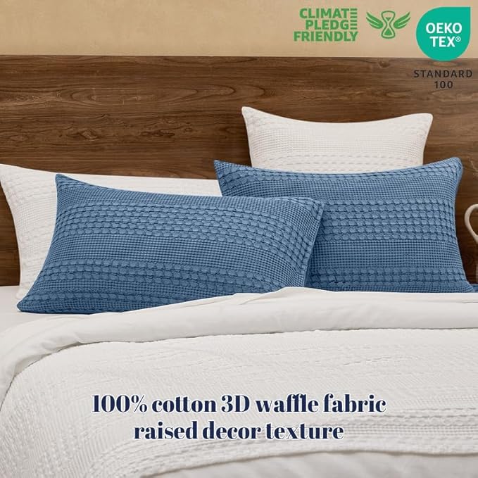 PHF 100% Cotton Waffle Pillow Shams King Size, 2 Pack 20" x 36" Soft Skin-Friendly Pillowcases, No Filling, Aesthetic Woven and Breathable Waffle Weave Pillow Case Covers for Bed, Denim Blue