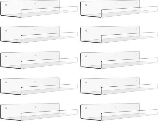 upsimples 10 Pack Acrylic Shelves Wall Organizer and Storage, 15" Display Shelf for Figure, Toy Cars, Perfume, Kids Bookshelf for Bedroom, Nursery, Craft Room, Clear
