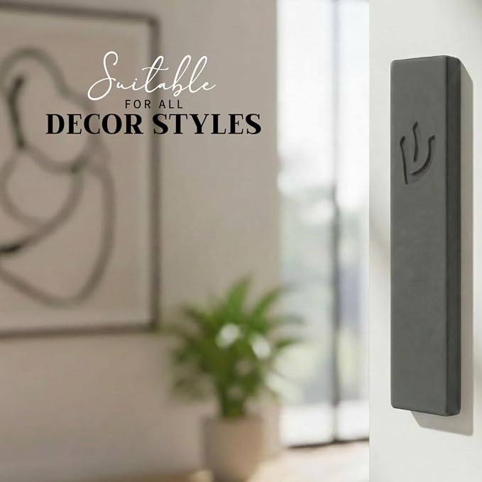 SURI Mezuzah for Door – 7 Inch Dark Gray Concrete Mezuzah Case with Non Kosher Scroll, Self-Stick Jewish Entry Design, Fits a 6 Inch Scroll, Gift Box Included