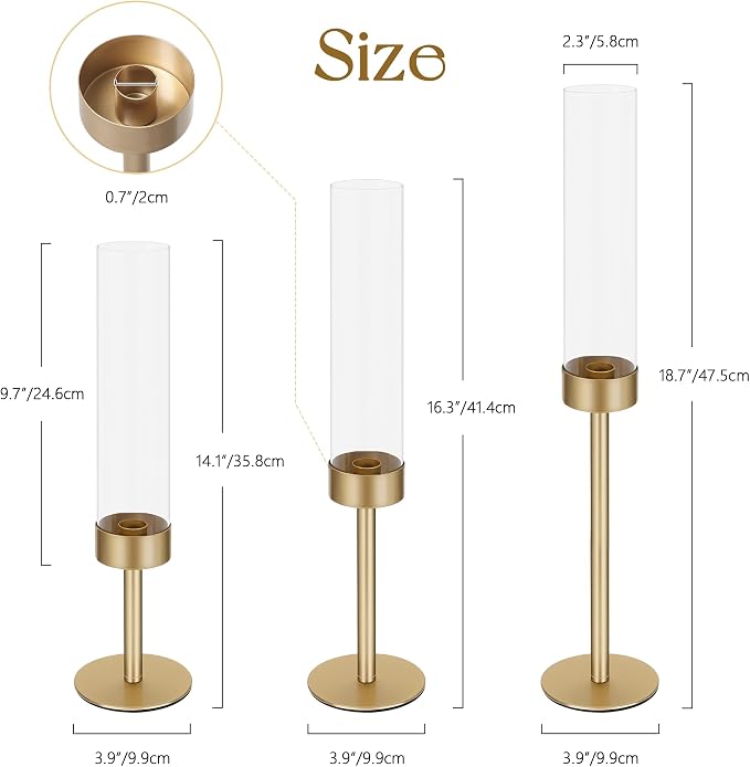 Ronasip Hurricane Candle Holders Set of 6, Matte Gold Metal Taper Candlestick Holders with Clear Glass Chimney Cylinder Tubes, Tall Candle Stands for Wedding, Christmas, Dining Table Centerpiece Decor