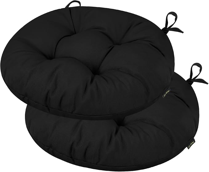 idee-home Outdoor Bistro Chair Cushions Set of 2, Round Seat Cushions | 18”x18”x 6” Thick Outdoor Round Seat Pads Tufted with Ties, Waterproof Patio Furniture Pads for Garden