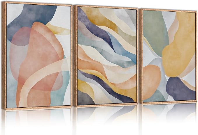 LHIUEM Large Abstract Neutral Framed Canvas Wall Art Set,Colorful Watercolor Block Wall Decor,Boho Geometric Illustrations Artwork for Living Room,Bedroom,Dining Room,Office -16"x24"x3