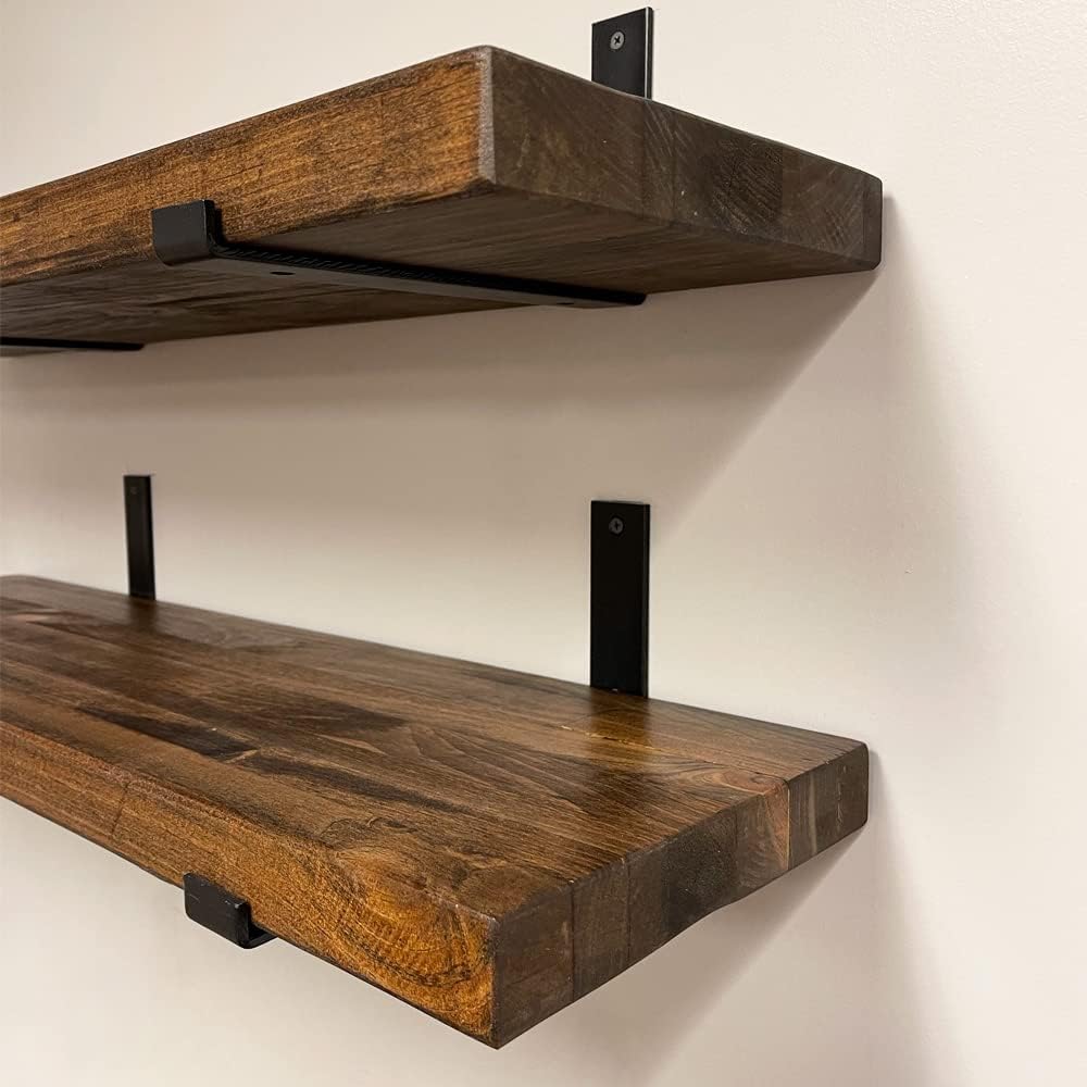 Rustic Shelves with J-Brackets Set of 2, Industrial Shelf, Kitchen Shelves, Solid Wood, Decorative Wall Storage, Heavy Duty, URBANDI (Provincial, 48Wx6D)