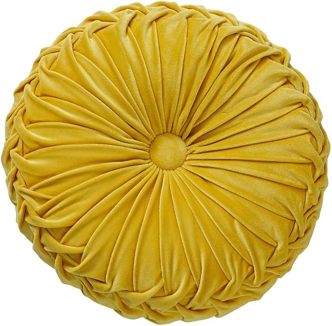 NatureMan 13.7 inch Round Sofa Cushion Pure Color Velvet Home Decor, Pleated Round Cushion, Pumpkin Pillow Suitable for Home Bed car Decoration (Yellow)