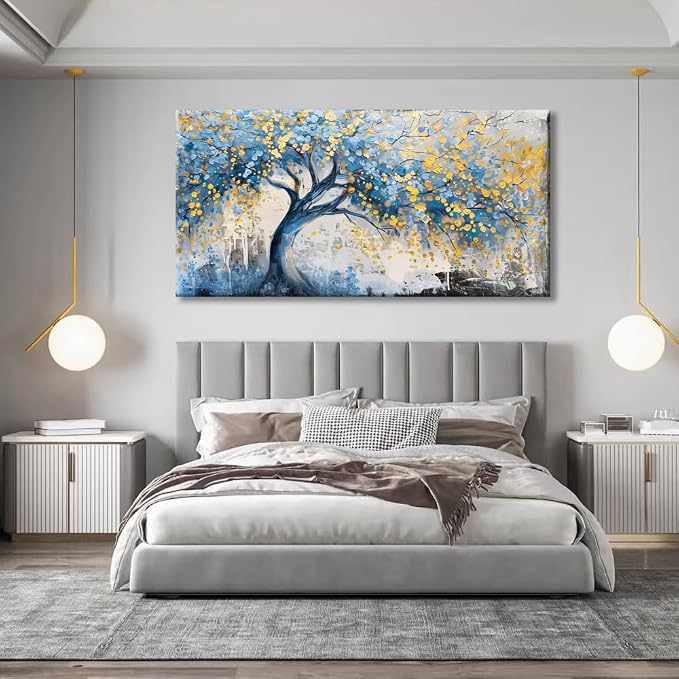 Wall Art Tree of blue Life Abstract Canvas Painting Textured Picture, Modern Landscape Artwork Framed for Living Room Bedroom Bathroom Office Home Decor 58x28in