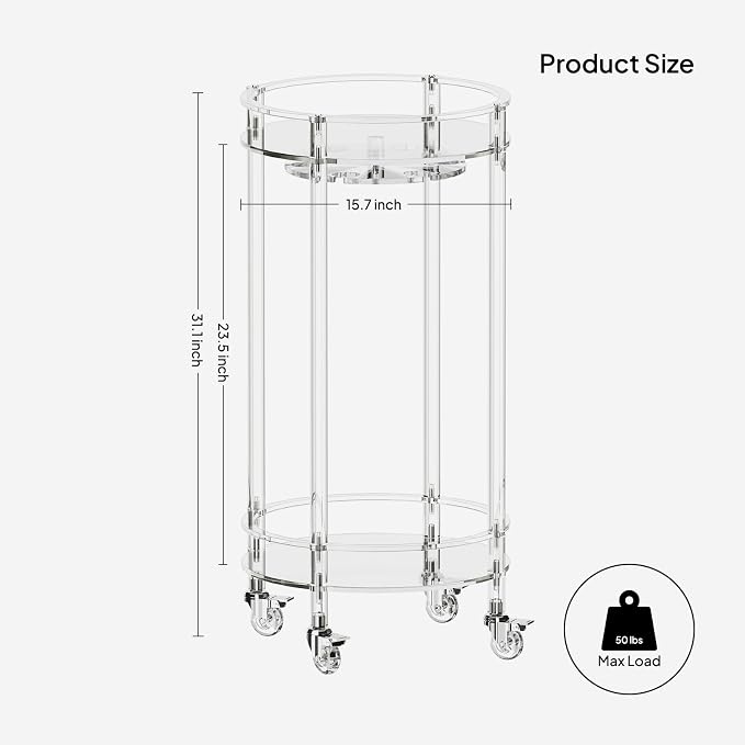 Eglaf Acrylic Bar Cart, Rolling Round Bar Cart, 2-Tier Home Serving Cart | Clear Bar Cart with Lockable Wheels, Glass Holders, for Bar, Living Room, Kitchen, 15.7" D x 15.7" W x 31.1" H