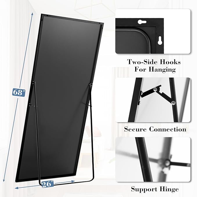 DUMOS 26"x68" Full Length Mirror with Stand, Floor Standing Aluminum Frame, Shatter-Proof Nano Glass for Bedroom, Living Room, Cloakroom – Modern Simple Home Decor,Can Be Hanging or Leaning, Black