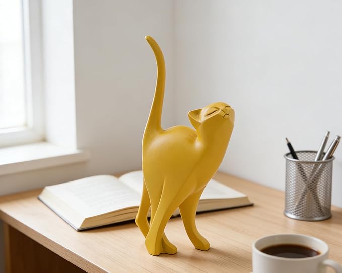 Yellow Cat Statue Modern Abstract, Home Office Shelf Decor, 7-Inch Vibrant Assorted Colors, Easy to Match Any Decor Style