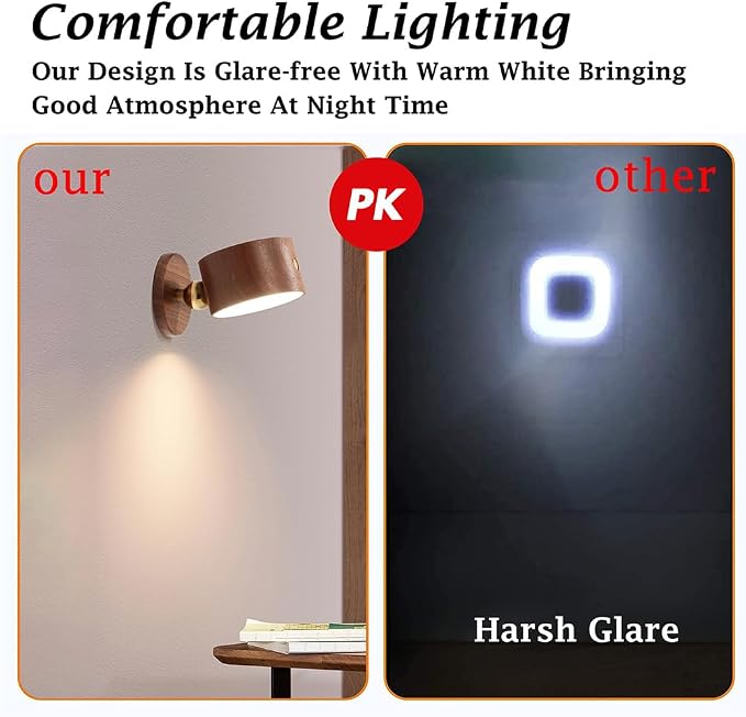 LANDGOO Wood Wall Sconce, Sapele Wood Magnetic 360° Rotatable Cordless Bedside Lamp Set, Rechargeable & Dimmable LED Lights with Touch Control, Wireless Wall Mount for Bedroom