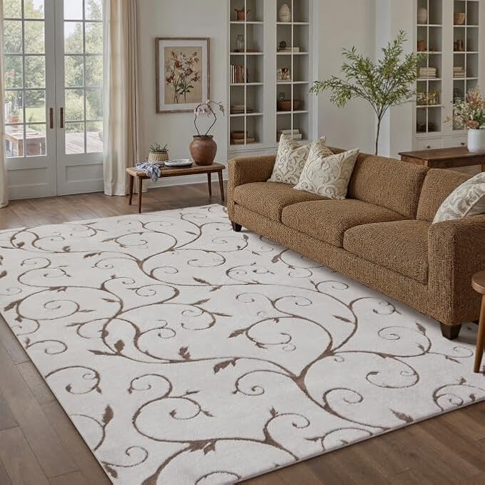PureCozy Washable Neutral Area Rug 8x10 Beige Soft Shag Rugs for Living Room Modern Boho High Pile Non-Shedding Throw Rugs Non Slip Indoor Office Carpet for Playroom Bedroom Home Aesthetic Decor