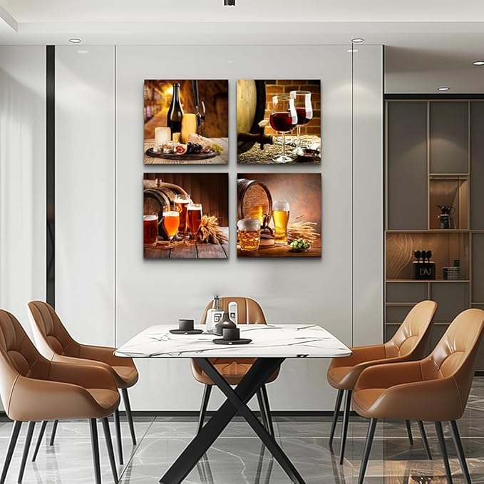 Wall Art for Dining Room Kitchen wall decor Restoring ancient ways Still life Wine glass Wine barrel Canvas Prints Bar Home Decoration 12x12 inch/4 piece restaurant posters decor Artwork Home decor