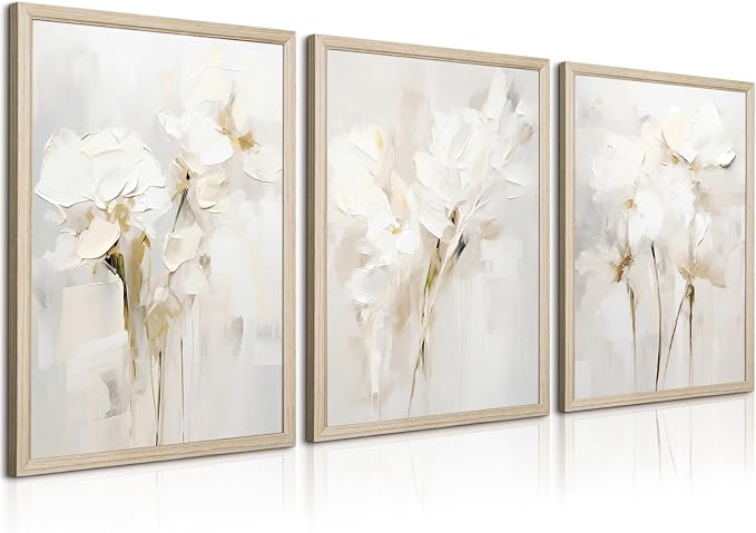 Neutral Wall Art Abstract Floral Canvas Pictures Beige Flower Wall Decor Modern Painting Minimalist Poster Abstract Botanical Prints White Artwork for Bedroom Living Room 24x36x3 Inch Wood Framed