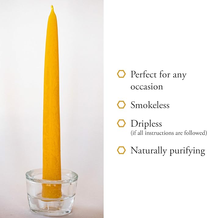 100% Pure Beeswax Taper Candles - All-Natural Handmade Decorative & Dipped Smokeless Unscented Candles for Christmas, Advent, and Hanukkah, Natural Yellow, 8.5 Inches, 24 Candle Set, by BeeTheLight