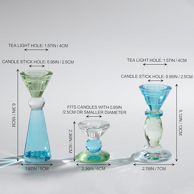 DN DECONATION Glass Candle Holder, Blue Clear Crystal Candlesticks Holders | Set of 3, Crystal Tealight Candles Holder for Table Centerpiece Wedding Decorations Housewarming Gift Living Room Party