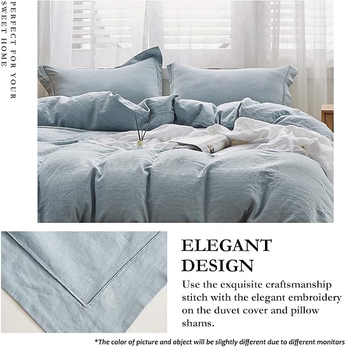 Simple&Opulence 100% Linen Duvet Cover Set with Embroidery Border Washed - 3 Pieces (1 Duvet Cover & 2 Pillow Shams) with Button Closure Soft Breathable Farmhouse - Dusty Blue, Queen Size