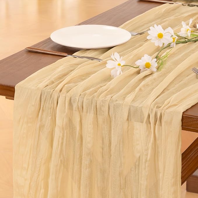 Socomi 3pcs Gold Champagne Cheesecloth Table Runner Easter Spring Boho Rustic Gauze 120 inch 10FT Cheese Cloth Runner for Wedding Party Baby Shower Birthday Home Decor Holiday Decorations