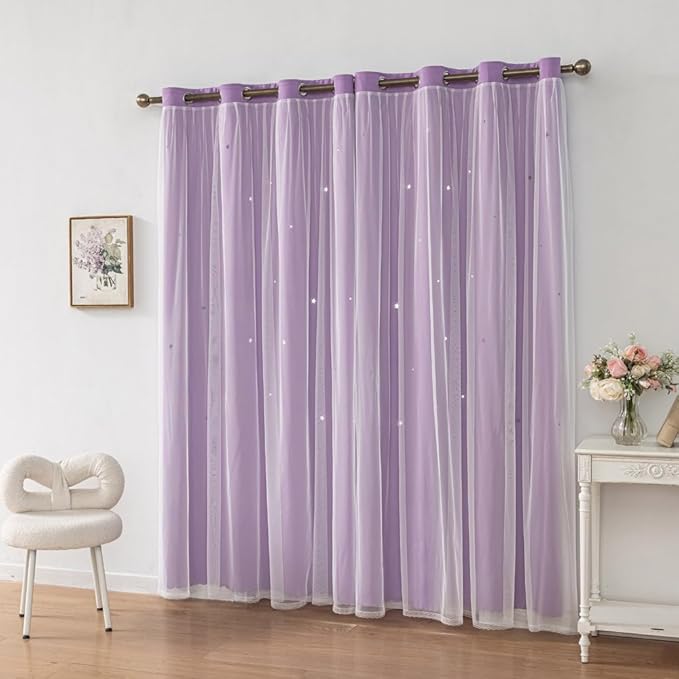 FANLI Ombre Rainbow Blackout Curtains for Kid Girls Bedroom Living Room Darking Stripe Double Layer Star Cut Out Wall Home Decor Gradient Grommet Window Curtains (Purple 63L)
