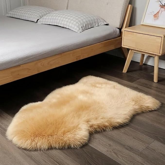 IRIWOOL Premium Genuine Fur Sheepskin Rug Real Australia Sheepskin Natural Luxury Fluffy Lambskin Fur Area Rug Seat Covers for Kids Bedroom Sofa Chair Cover (Light Brown, Single Pelt/2ft x 3ft)