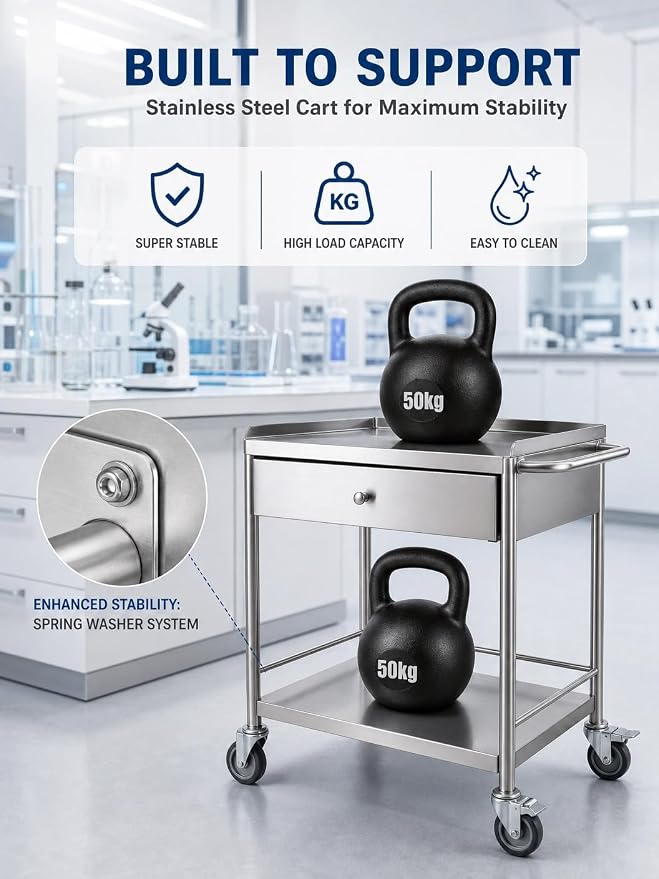 Metal Rolling Cart with 360° Silent Wheels, 220 lbs Capacity Utility Cart, 2-Tier Medical Cart with Handle & Lockable Casters for Lab, Clinic, Kitchen, BBQ Party, Salon
