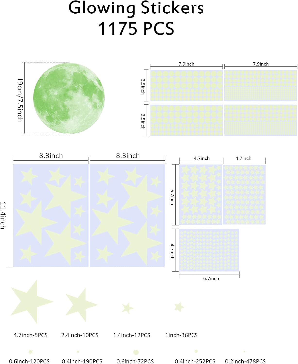 1049 Pieces Luminous Sticker Wall Decal Luminous Stars self-Adhesive Children's Room Wall Stickers Moon and Stars Fluorescent Wall Stickers, Stickers for Children's Rooms Girls Decorative