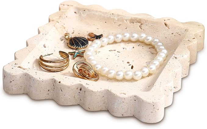 Threehoney 5.5 Inch Small Travertine Stone Tray Marble Jewelry Dish Trinket Tray for Women, Perfume, Coffee Table(Square,Scallop)