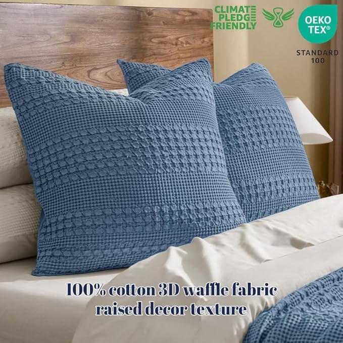 PHF 100% Cotton Waffle Weave Euro Sham Covers, 2 Pack 26" x 26" Bed Pillow Covers for Elegant Home Decor, No Filling, Luxury Aesthetic Soft Euro Pillow Cases for Bed, Denim Blue