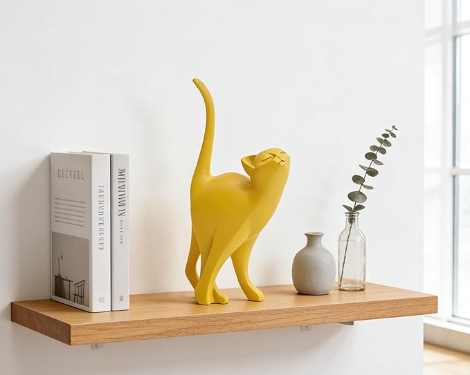 Yellow Cat Statue Modern Abstract, Home Office Shelf Decor, 7-Inch Vibrant Assorted Colors, Easy to Match Any Decor Style
