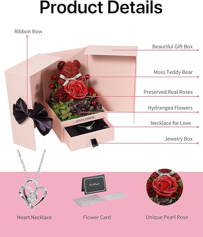 JoyFlower Preserved Flowers Bear with Necklace Gifts for Girlfriend, Unique Pearl Rose Bear Necklace Birthday Gifts for Mom, Red Eternal Roses Mother's Valentine's Day for Wife Her