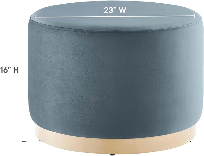Modway Tilden 23 Inch Round Performance Velvet Upholstered Ottoman in Cadet Blue Natural - Round Ottoman Foot Rest with Rubberwood Plinth Base - Living Room Ottoman Side Table or Ottoman Coffee Table