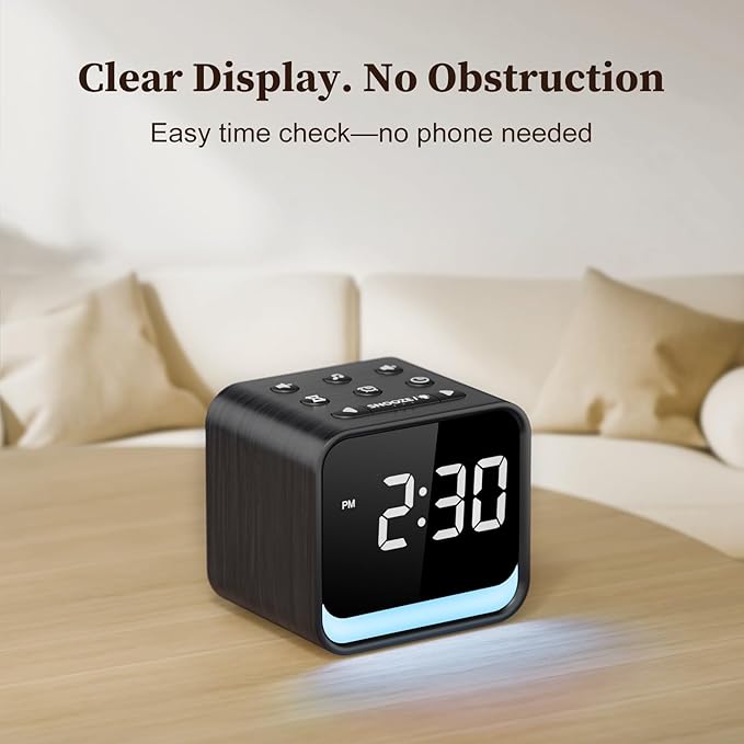 HOUSBAY Wooden Sound Machine Alarm Clock for Bedrooms - Gentle Wake-Up with Birdsong, White Noise for Sleeping, Small Digital Clock for Phone-Free Routine - Charcoal Wood