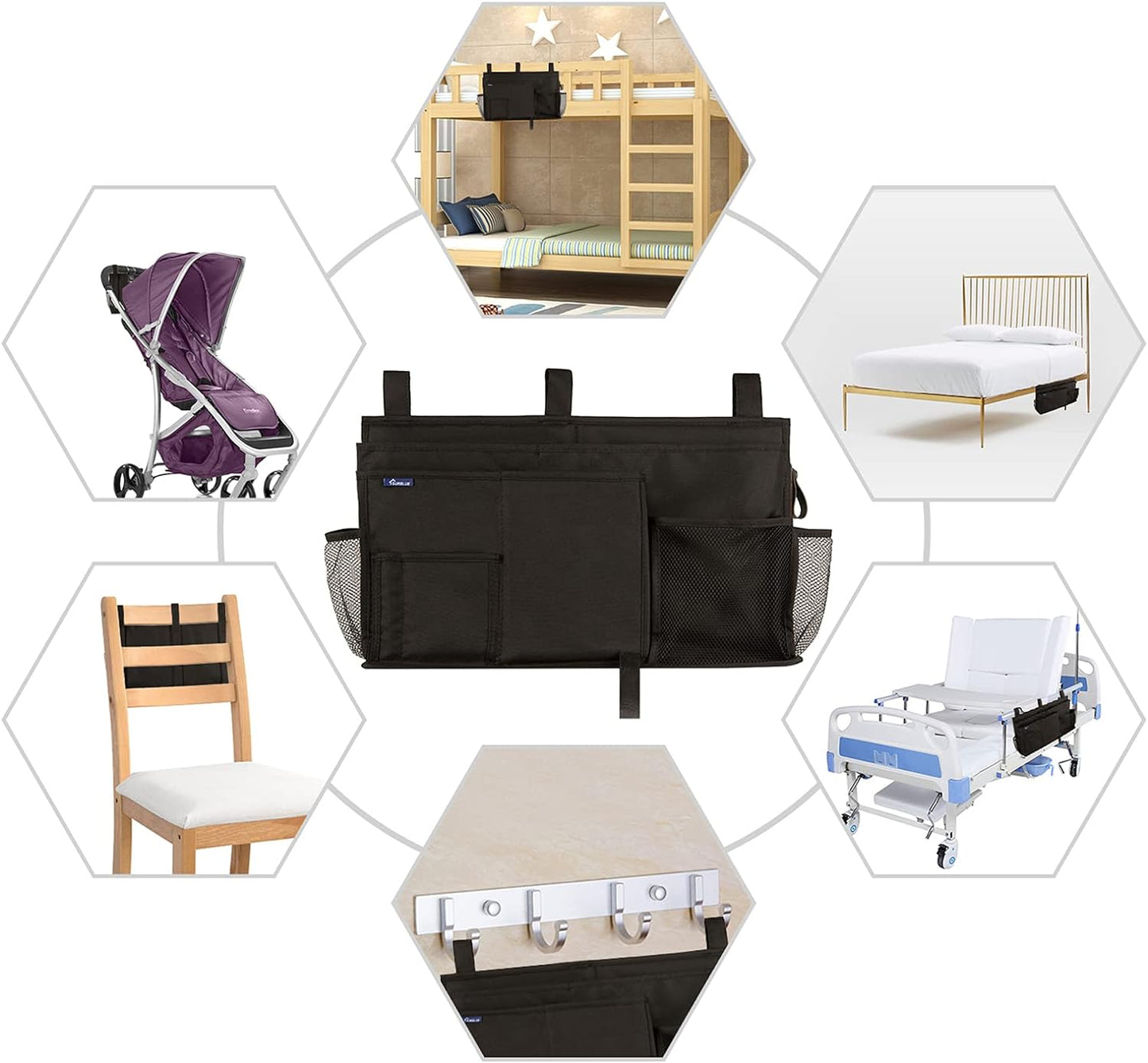 Surblue Caddy Hanging Organizer Bedside Storage Bag for Bunk and Hospital Beds, Black, L