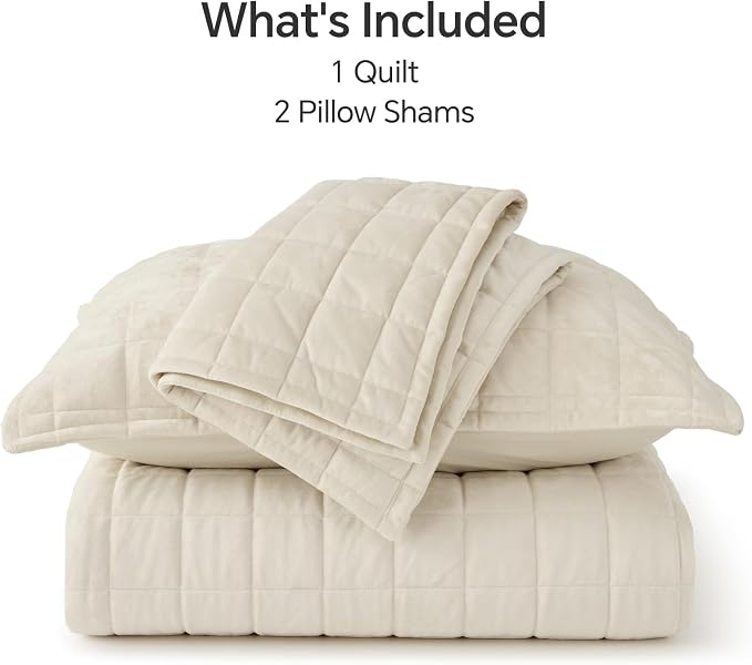 BEDELITE Velvet Quilt Set Oversized California King - Luxury Soft Velvet Comforter Bedding Set for All Season, Lightweight Quilted Box Stitch Oversized Bedspread Coverlet with 2 Matching Shams, Cream