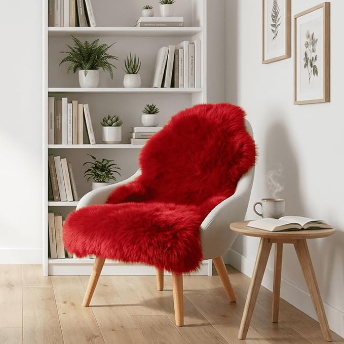 Red Genuine Sheepskin Rug, Fluffy Shaggy Fur Fuzzy Area Rug for Bedroom Living Room Soft Fur Wool Pray Pup Area Cushion Carpet, Chair Sofa Seat Cover, Single Pelt/2FT*3FT